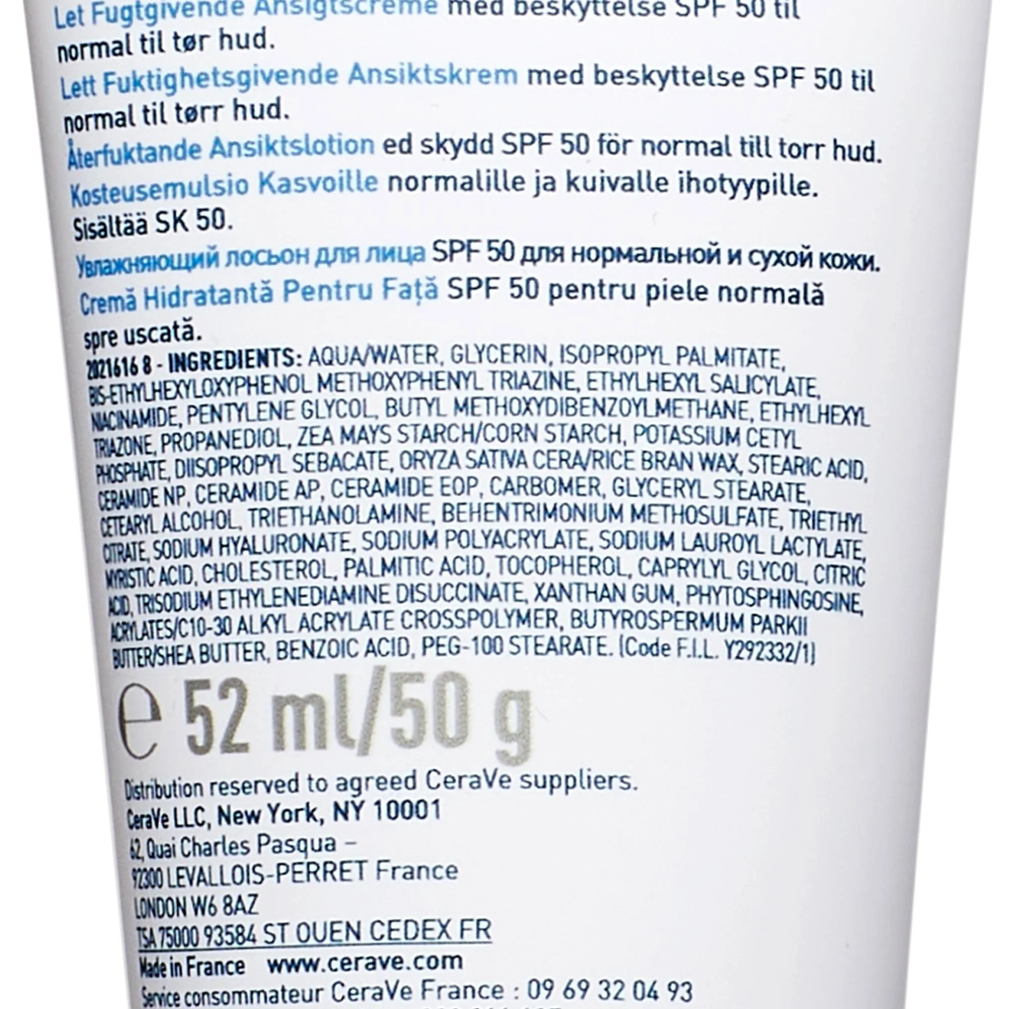 CeraVe Crème Hydratante Visage SPF 50 Peaux Normales À Sèches 52ml - Image 3