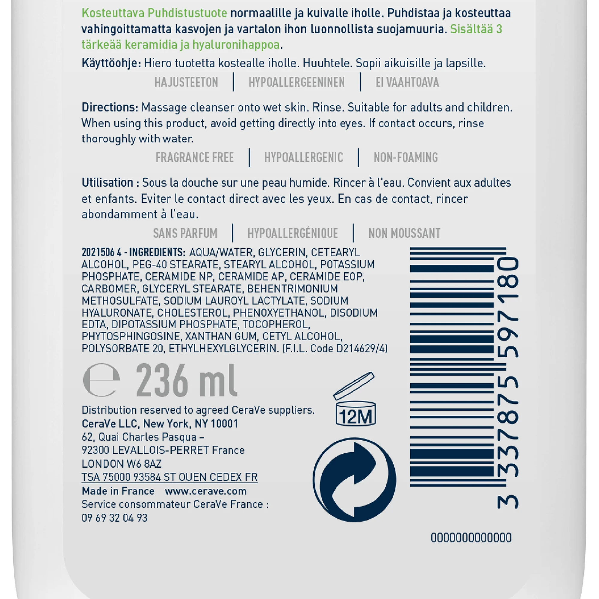 Cerave crème lavante hydratante – 236 ml - Image 3