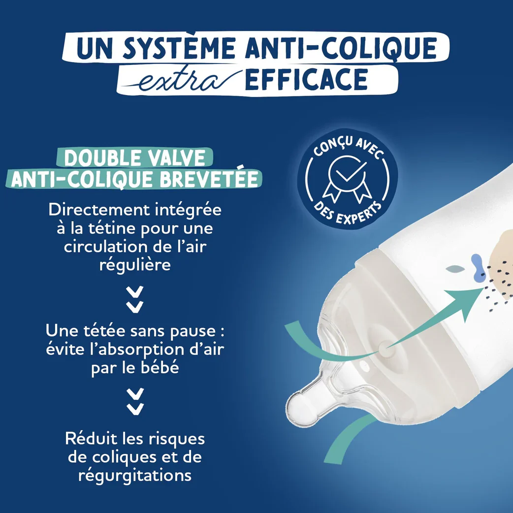 DODIE BIBERON TETINE MULT ANTI COLIQUE +6 MOIS DEBIT 3 BLEU 330 ML - Image 2