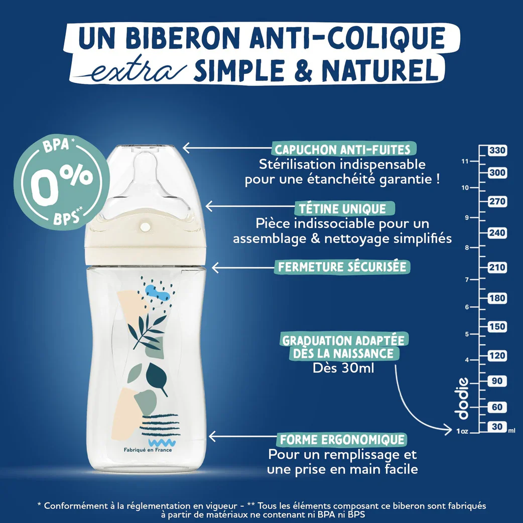 DODIE BIBERON TETINE MULT ANTI COLIQUE +6 MOIS DEBIT 3 BLEU 330 ML - Image 4