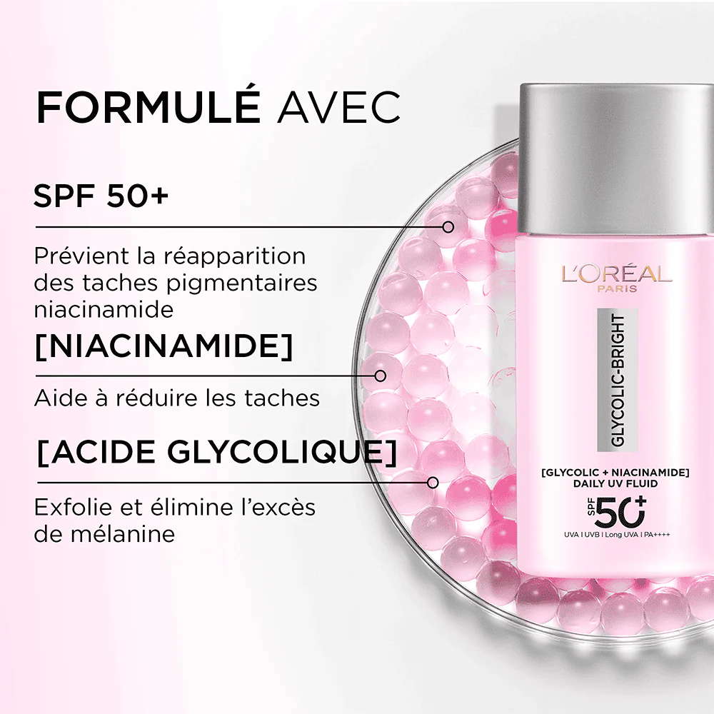 L'OREAL PARIS GLYCOLIC-BRIGHT ANTI-DARK SPOT DAILY UV FLUID SPF50 50ML = coffret guasha OFFERT - Image 3