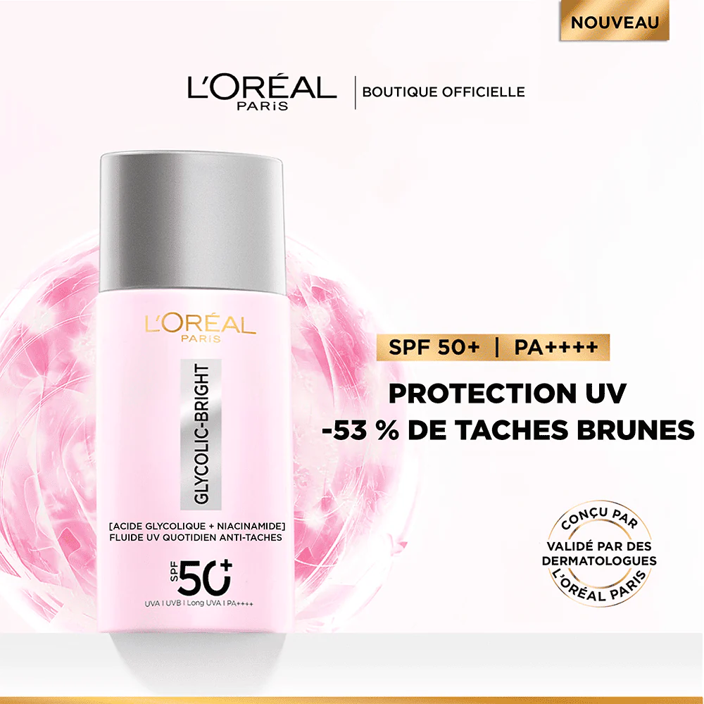 L'OREAL PARIS GLYCOLIC-BRIGHT ANTI-DARK SPOT DAILY UV FLUID SPF50 50ML = coffret guasha OFFERT - Image 6